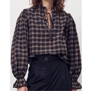 Ganni Plaid Balloon Sleeve Blouse Size 32